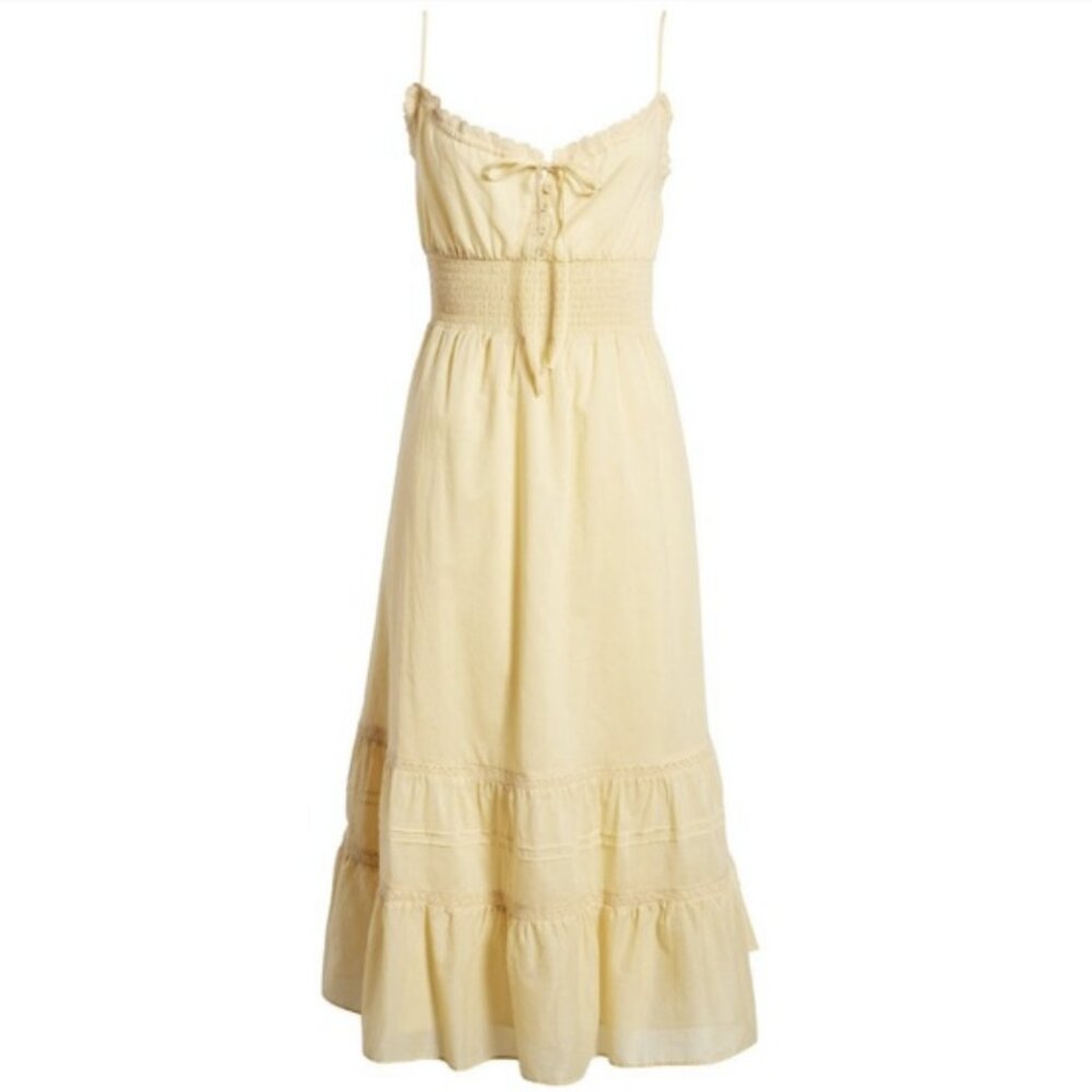 Reformation Landon Tiered Midi Dress Parmesan Yellow Cotton Eyelet Smocked Sz 10